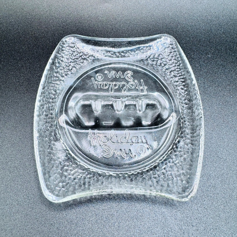 Vintage Holiday Inn Glass Ashtray Clear Embossed Logo Square Pebbled Texture MCM